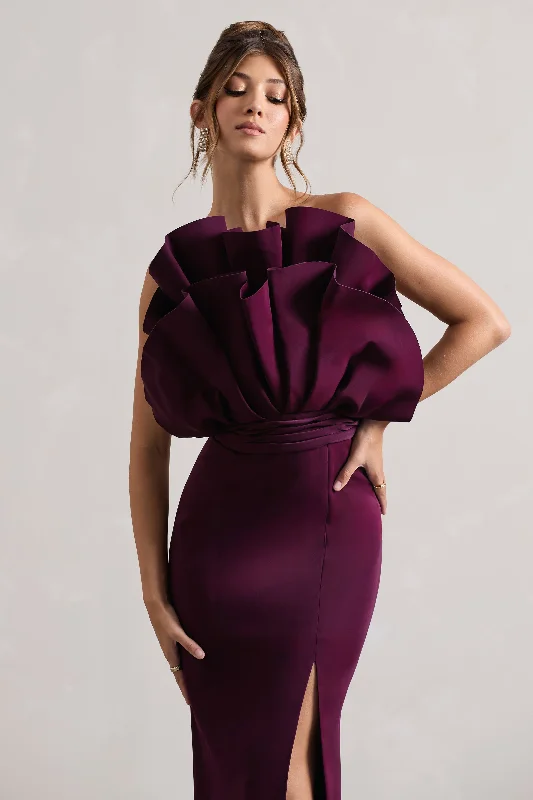 Set The Bar | Plum Ruffled Strapless Split Maxi Dress