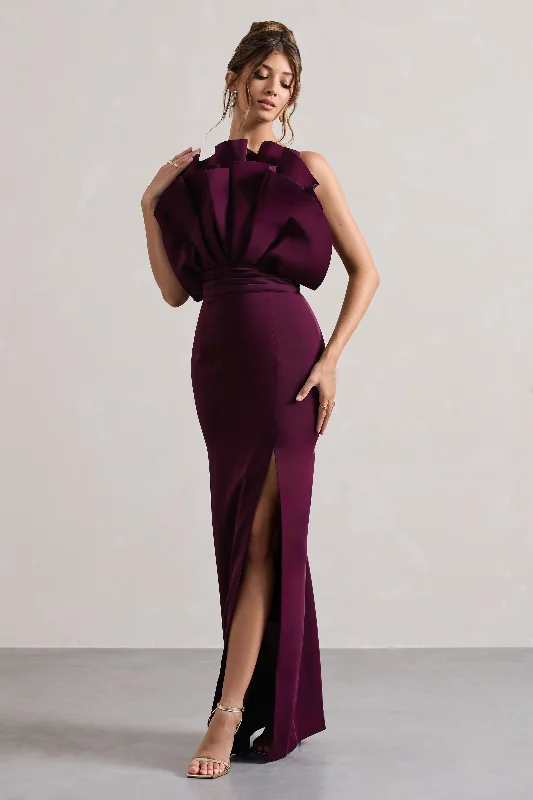 Set The Bar | Plum Ruffled Strapless Split Maxi Dress