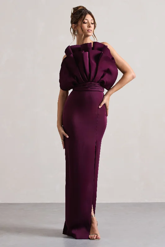 Set The Bar | Plum Ruffled Strapless Split Maxi Dress