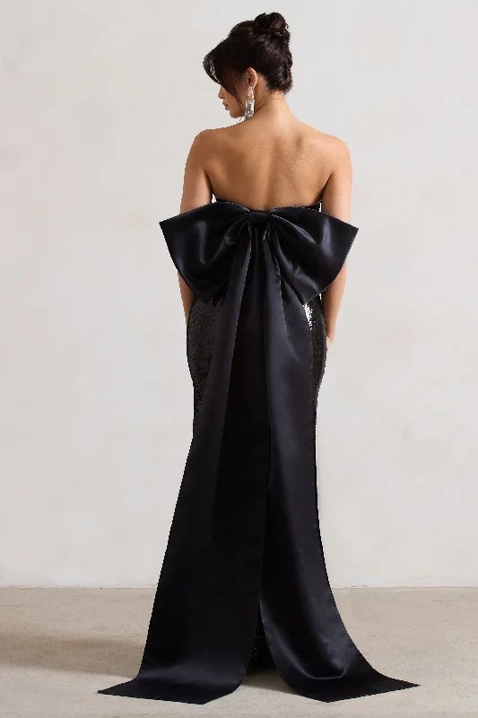 To You | Black Sequin Bandeau Split Maxi Dress With Oversized Bow