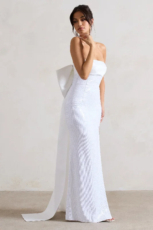 To You | White Sequin Bandeau Split Maxi Dress With Oversized Bow