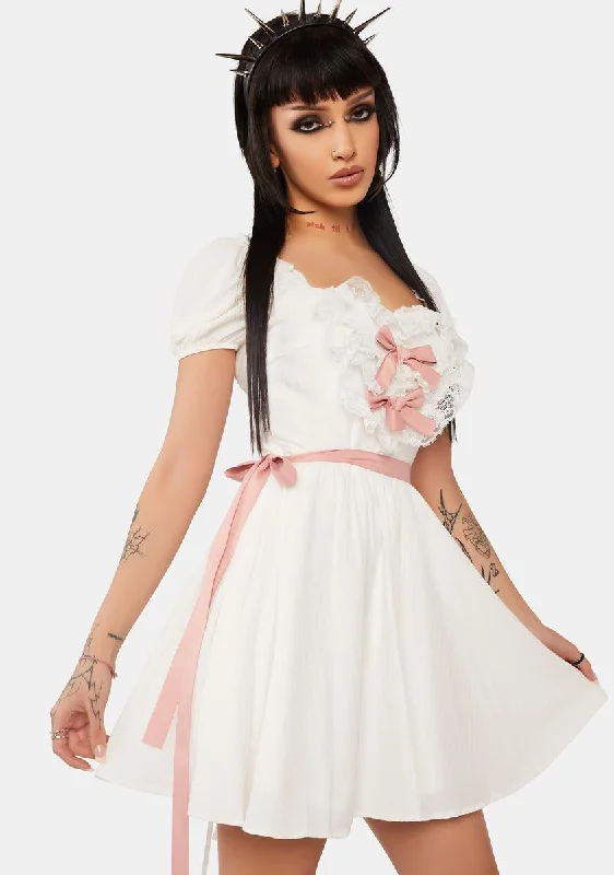 White Lace Heart Pink Bow Silky Dress