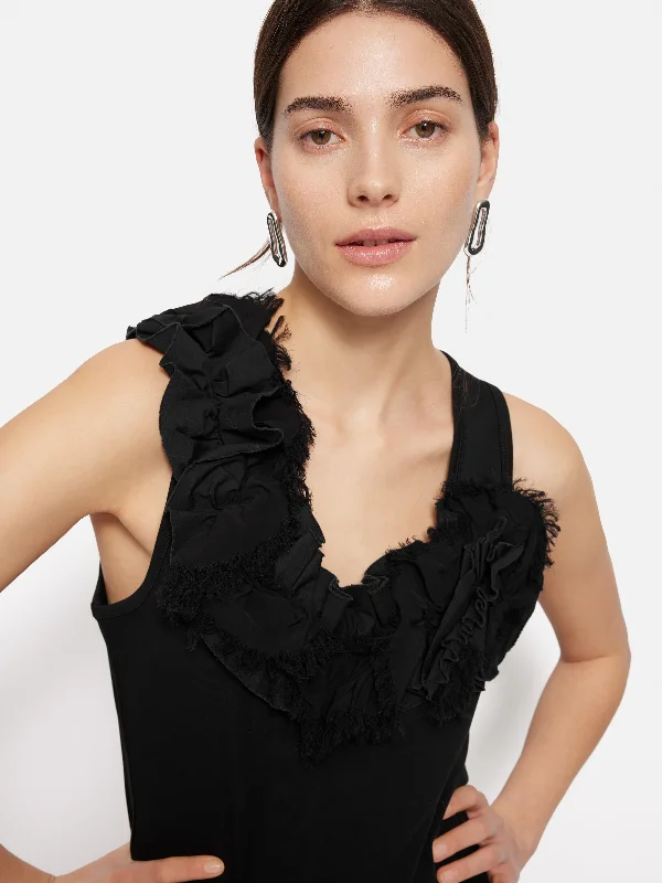 Ruffle Trim Jersey Top | Black