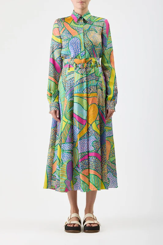 Dugald Pleated Skirt in Green Multi Printed Silk Twill