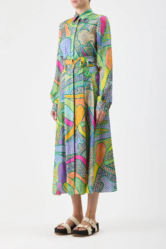 Dugald Pleated Skirt in Green Multi Printed Silk Twill