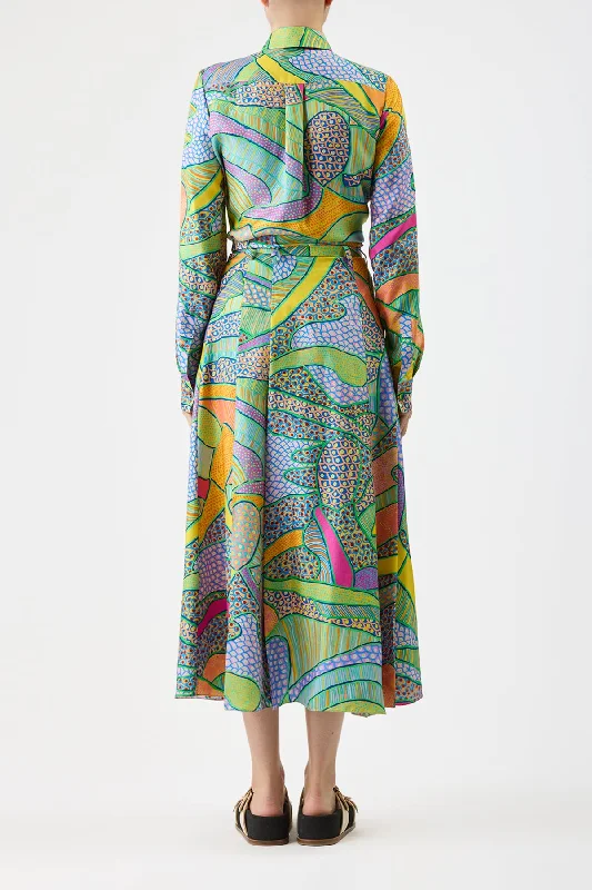 Dugald Pleated Skirt in Green Multi Printed Silk Twill