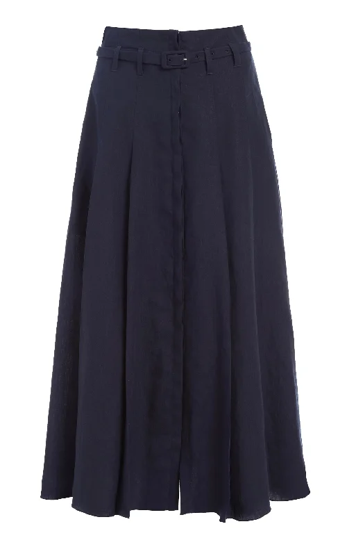 Dugald Pleated Skirt in Navy Aloe Linen