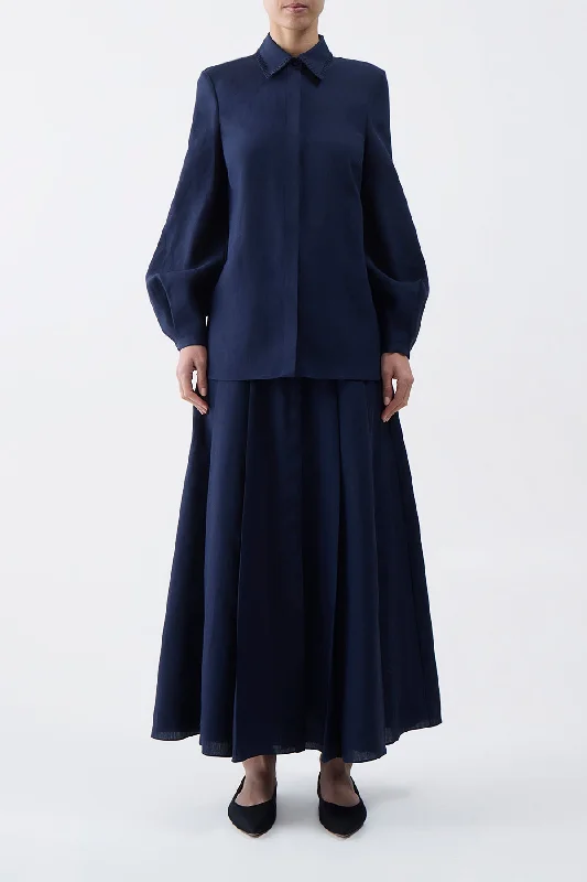 Dugald Pleated Skirt in Navy Aloe Linen