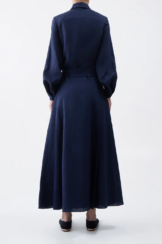 Dugald Pleated Skirt in Navy Aloe Linen