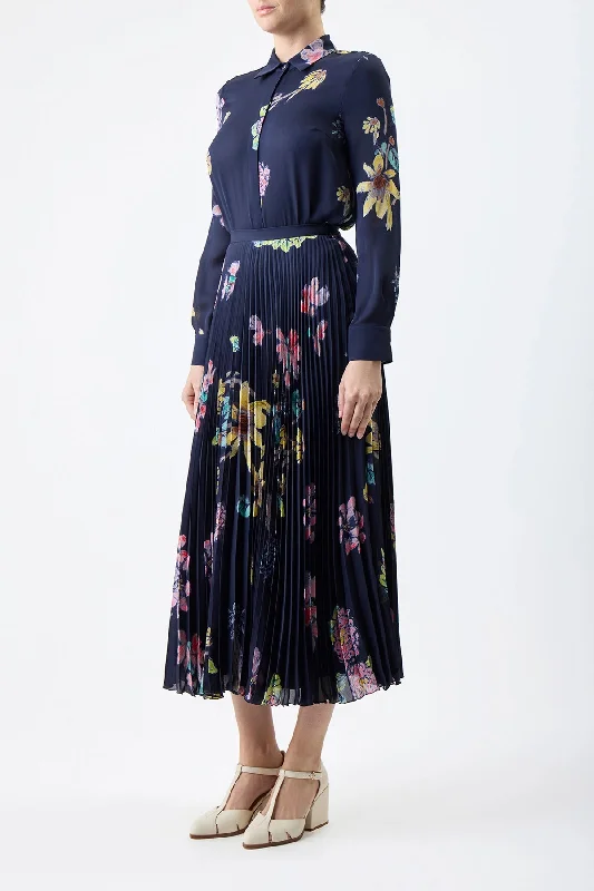 Eames Corrugated Skirt in Dark Navy Multi Printed Silk Georgette