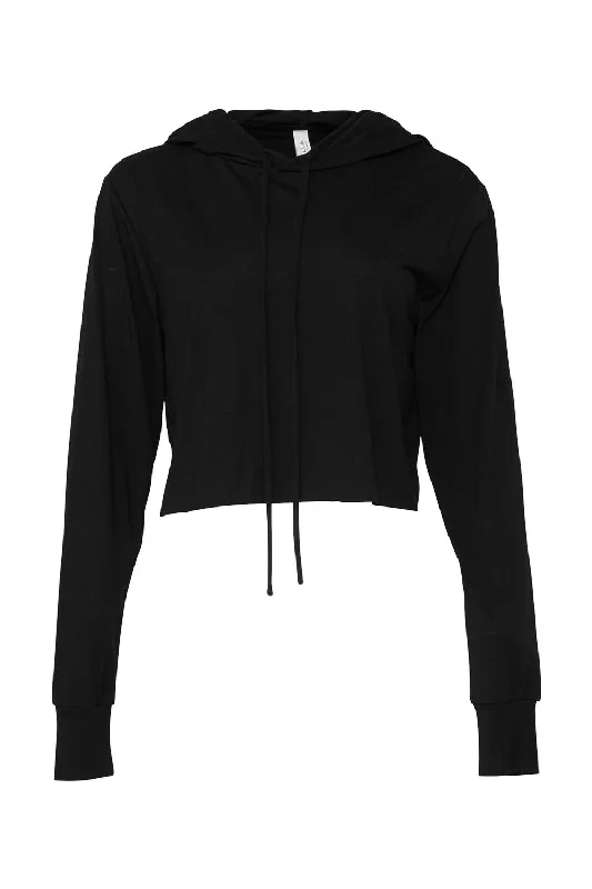 Bella + Canvas Womens Crop Long Sleeve Hooded Sweatshirt Hoodie - Solid Black - NEW