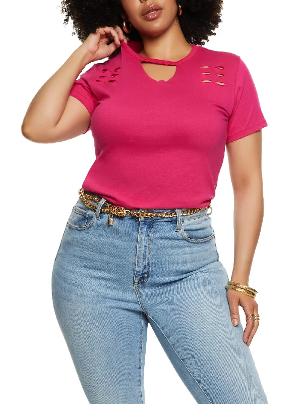 Plus Size Basic Laser Cut T Shirt