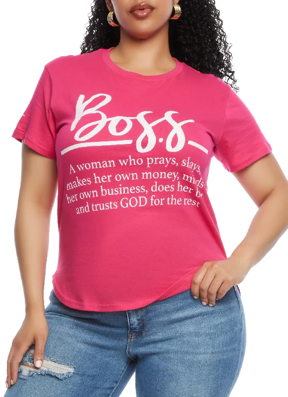 Plus Size Boss Glitter Graphic High Low Tee