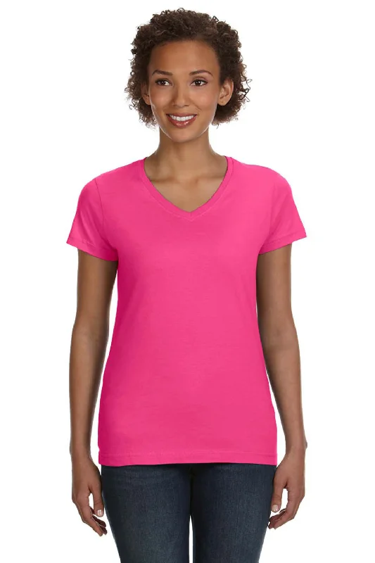 LAT Womens Fine Jersey Short Sleeve V-Neck T-Shirt - Hot Pink