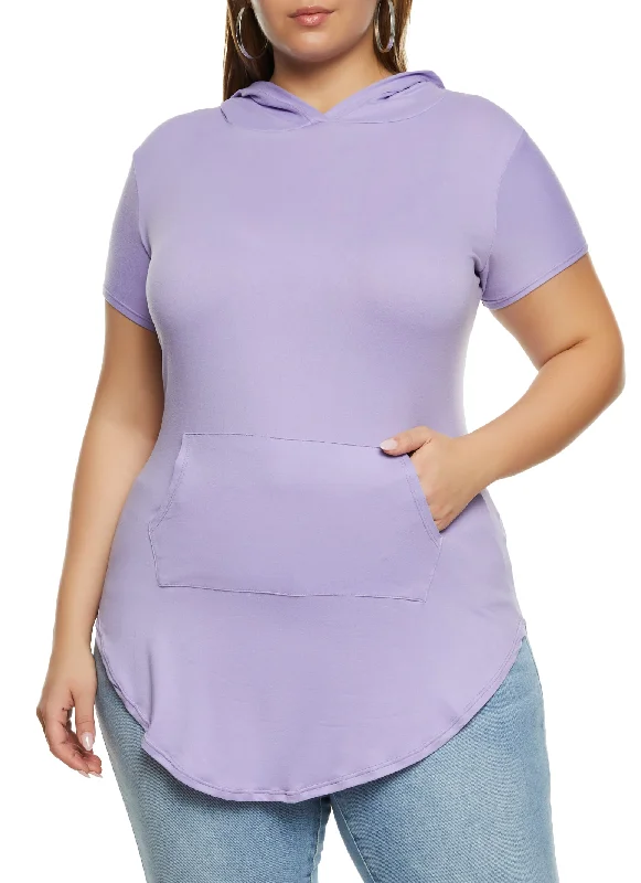 Plus Size Kangaroo Pocket Short Sleeve Hooded Tee