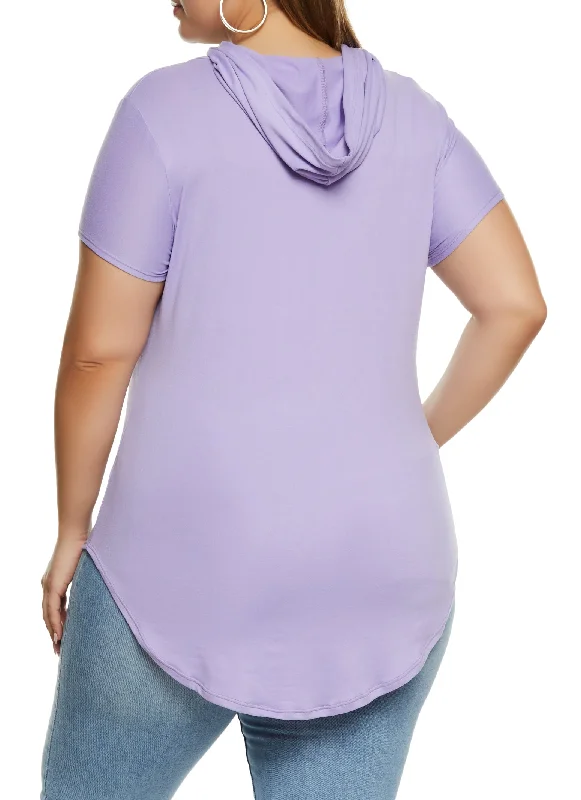 Plus Size Kangaroo Pocket Short Sleeve Hooded Tee