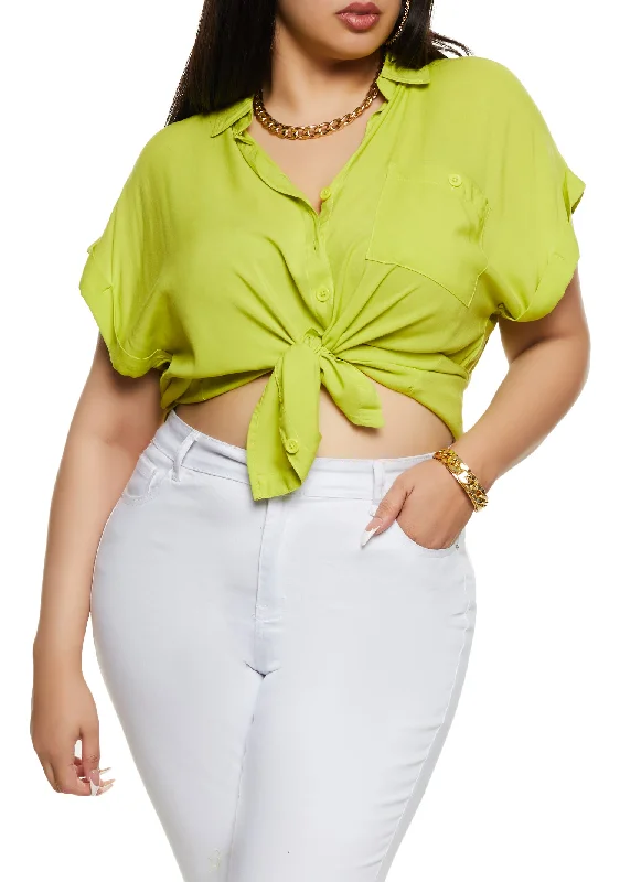 Plus Size Button Front Cuffed Sleeve Shirt