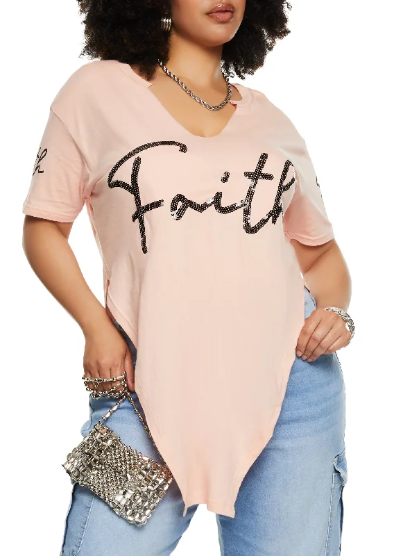 Plus Size Hanky Hem Faith Sequin Graphic Tee