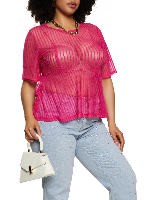 Plus Size Mesh Striped Peplum Top