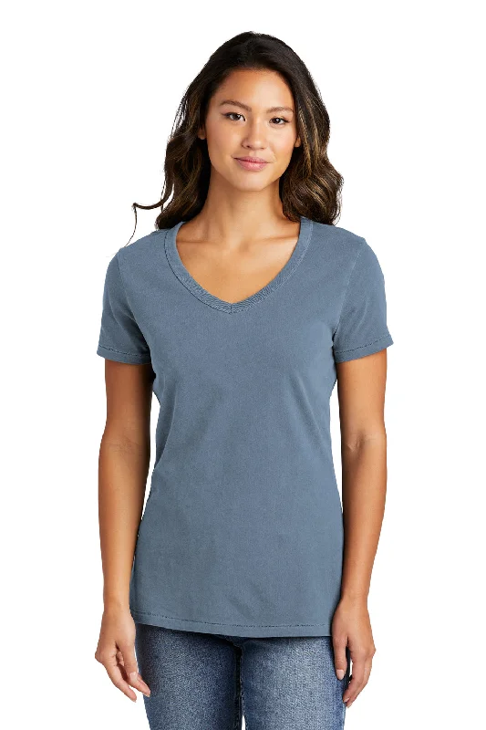 Port & Company Womens Beach Wash Garment Dyed Short Sleeve V-Neck T-Shirt - Faded Denim Blue