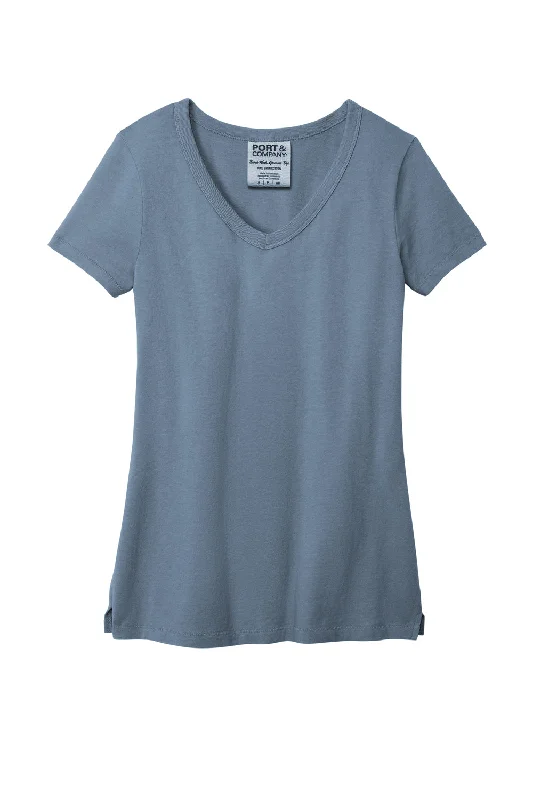 Port & Company Womens Beach Wash Garment Dyed Short Sleeve V-Neck T-Shirt - Faded Denim Blue