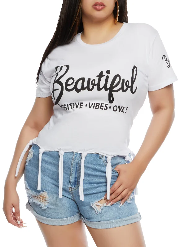 Plus Size Beautiful Positive Vibes Only Knot Hem Graphic Tee