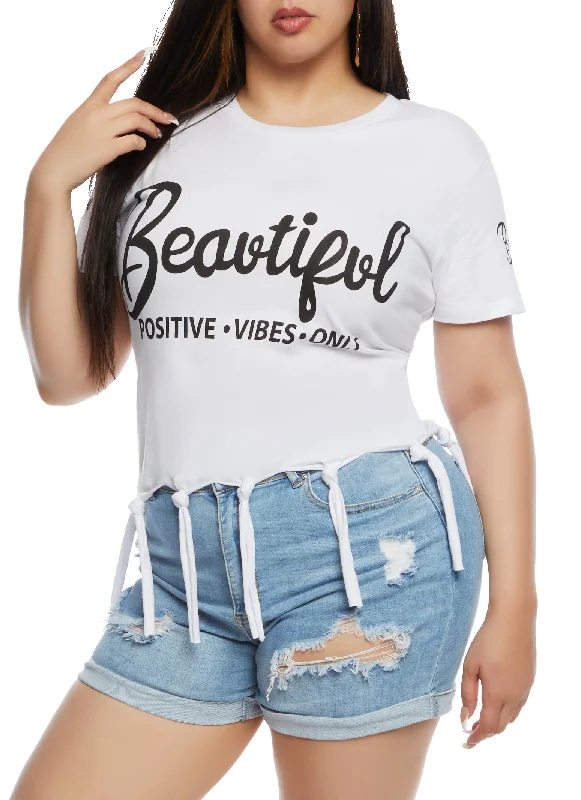 Plus Size Beautiful Positive Vibes Only Knot Hem Graphic Tee