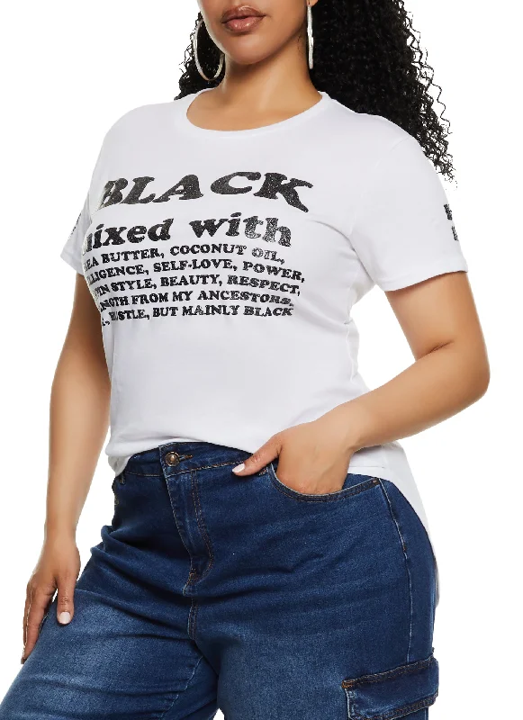 Plus Size High Low Hem Black Mixed Glitter Graphic Tee