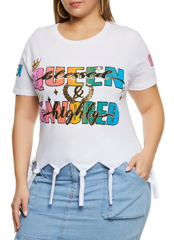 Plus Size Knotted Fringe Favored Glitter Graphic Tee