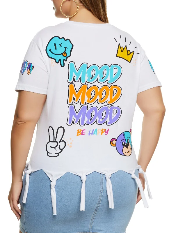 Plus Size Mood Be Happy Graphic Knot Fringe Tee