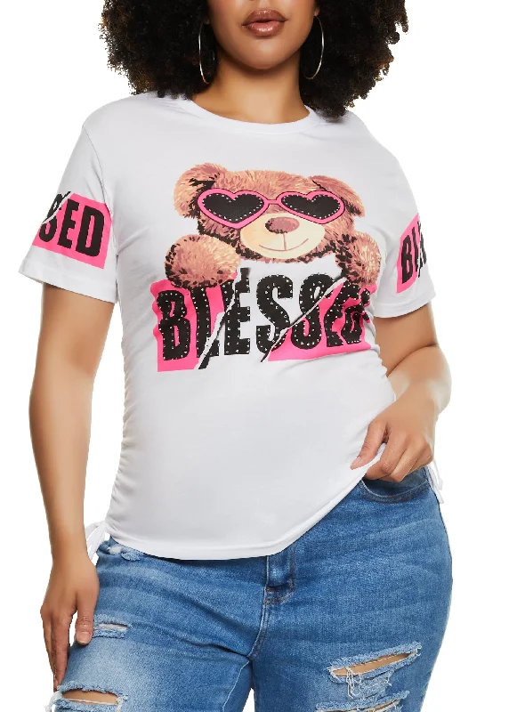 Plus Size Rhinestone Blessed Laser Cut Graphic Tee