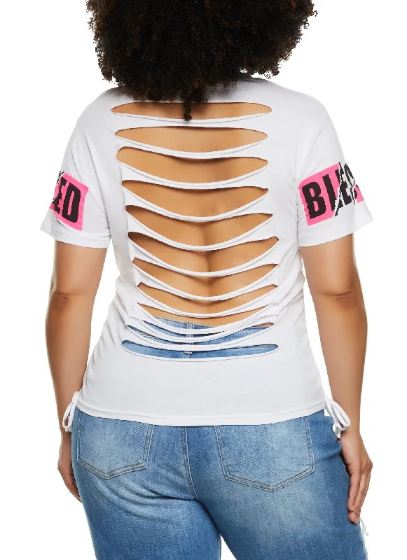 Plus Size Rhinestone Blessed Laser Cut Graphic Tee