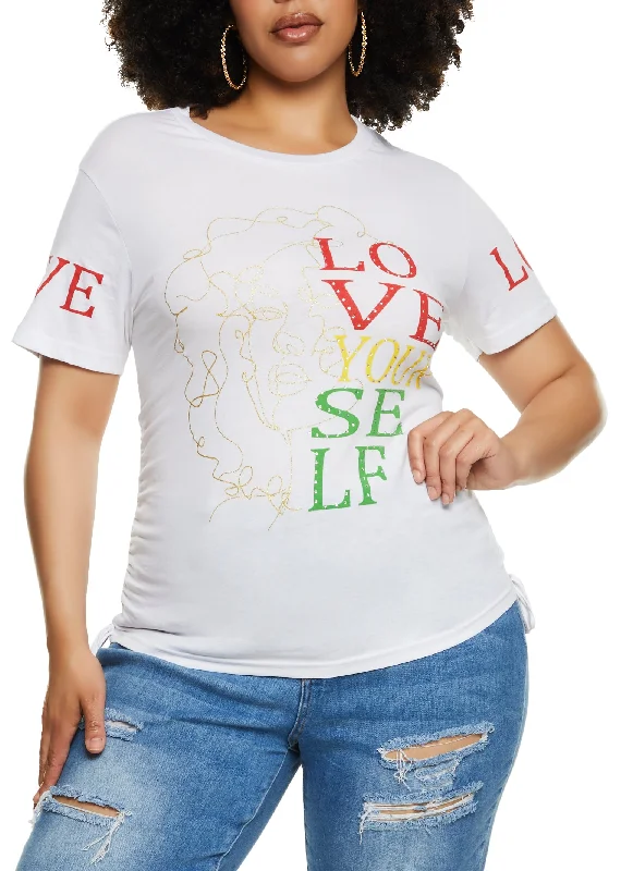 Plus Size Rhinestone Love Yourself Laser Cut Graphic Tee