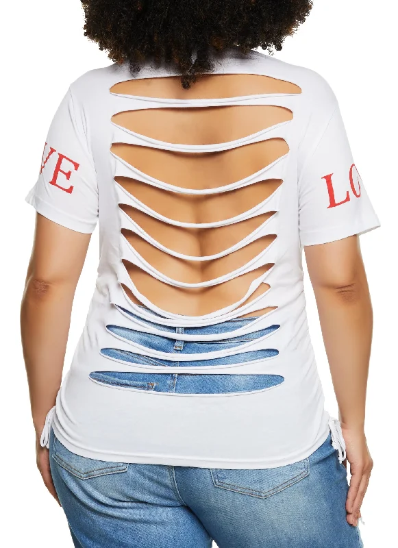 Plus Size Rhinestone Love Yourself Laser Cut Graphic Tee