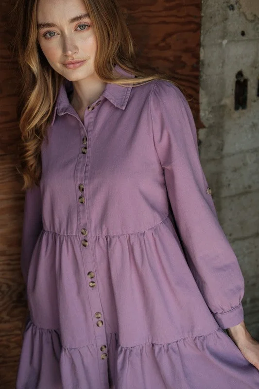 Button Down Tier Denim Dress (Purple)