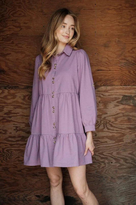 Button Down Tier Denim Dress (Purple)