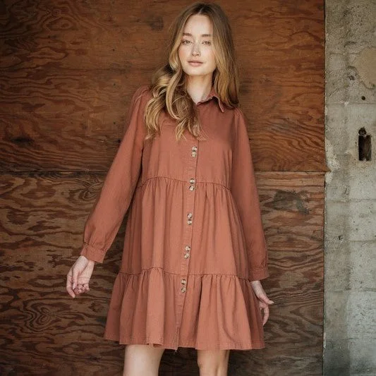 Button Down Tier Denim Dress (Rust)