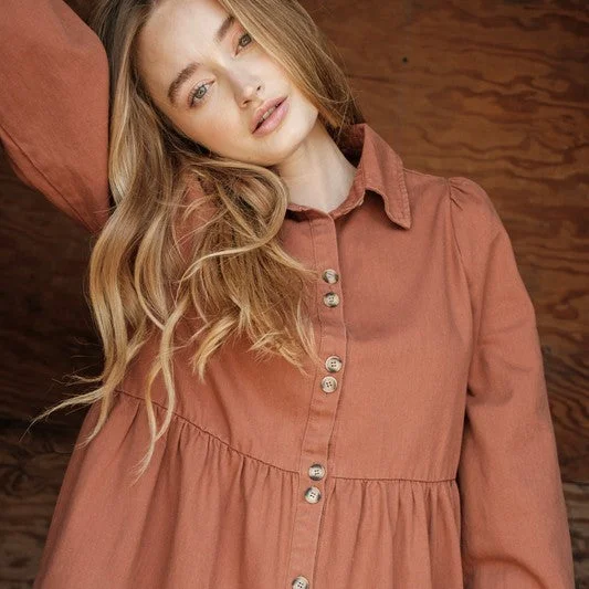 Button Down Tier Denim Dress (Rust)