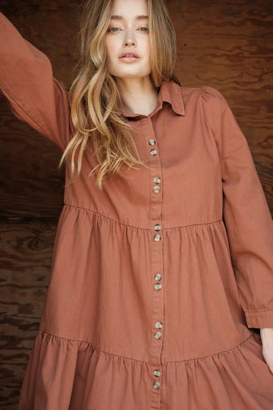 Button Down Tier Denim Dress (Rust)