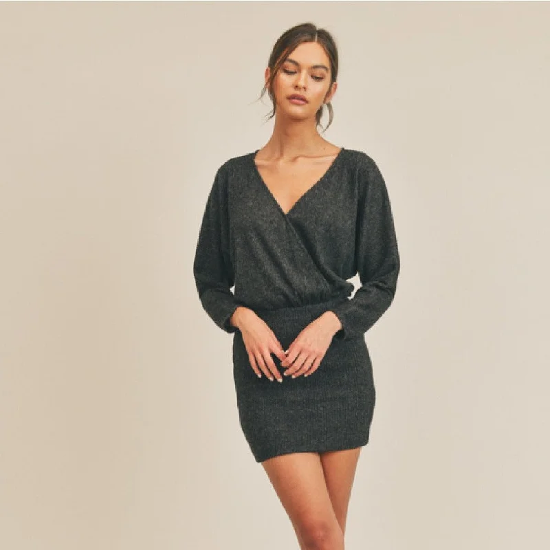 Faux Layover Knit Mini Dress (Black)