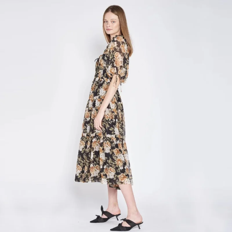 Floral Print Tiered Midi Dress (Black)