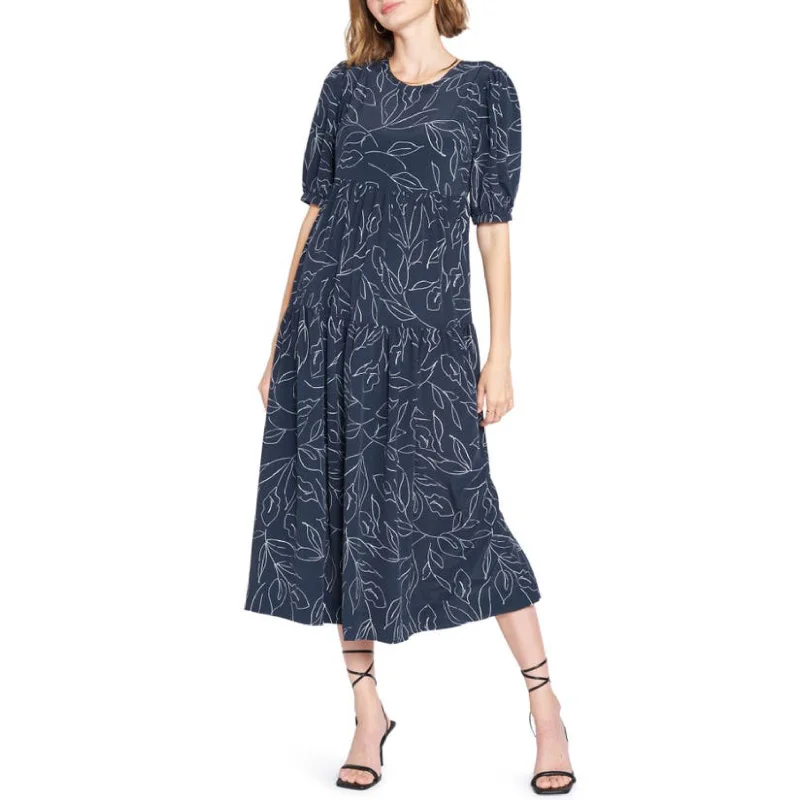 Floral Print Tiered Midi Dress (Navy)