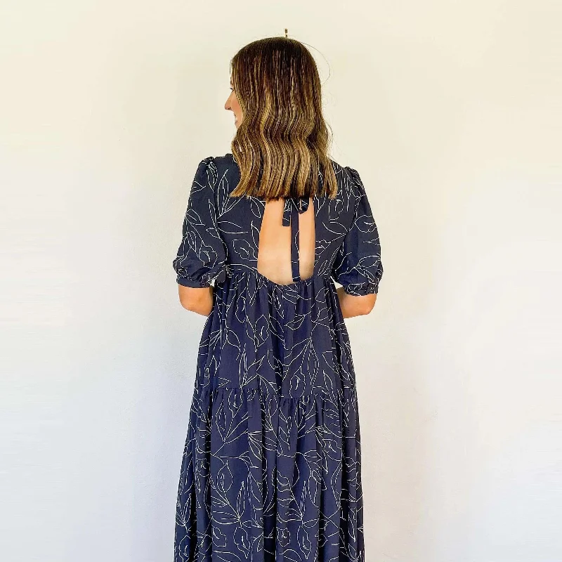 Floral Print Tiered Midi Dress (Navy)