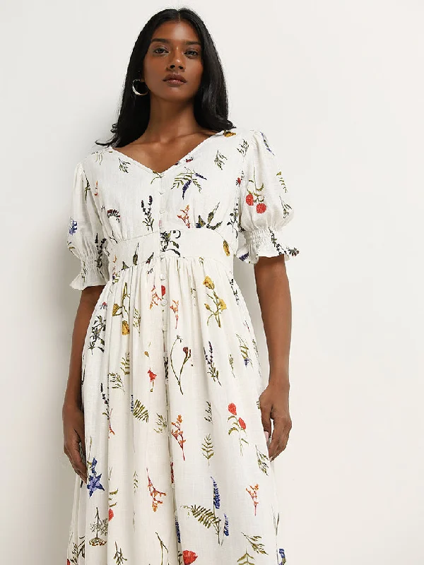 LOV Off-White Floral Printed A-Line Blended Linen Dress