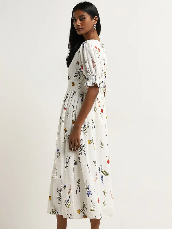 LOV Off-White Floral Printed A-Line Blended Linen Dress