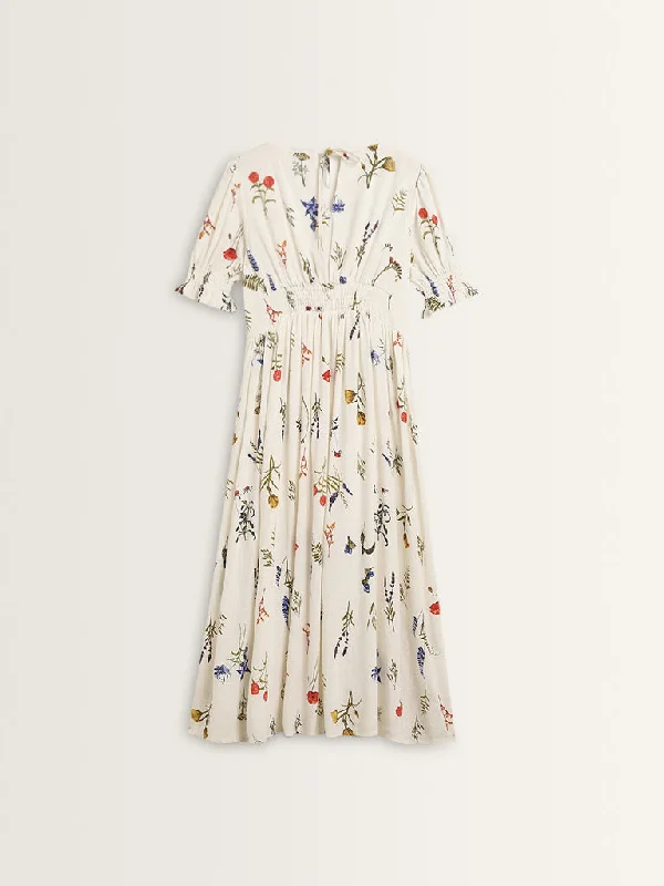 LOV Off-White Floral Printed A-Line Blended Linen Dress