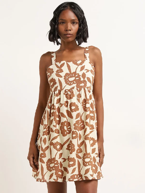 Nuon Brown Floral Printed Skater Dress