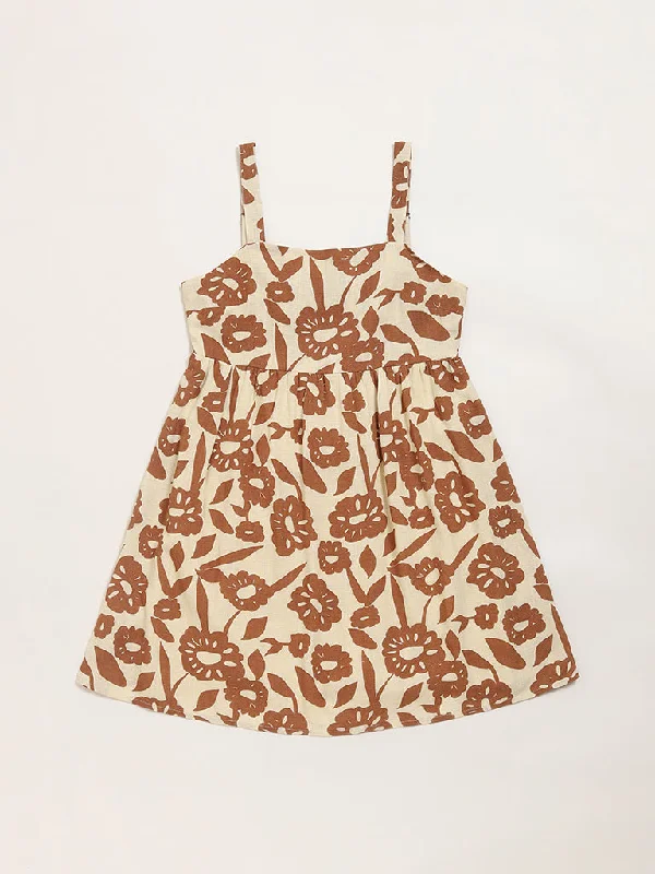 Nuon Brown Floral Printed Skater Dress