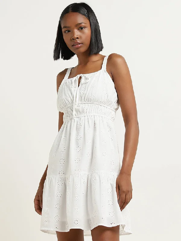 Nuon White Schiffli Design Tiered Cotton Dress