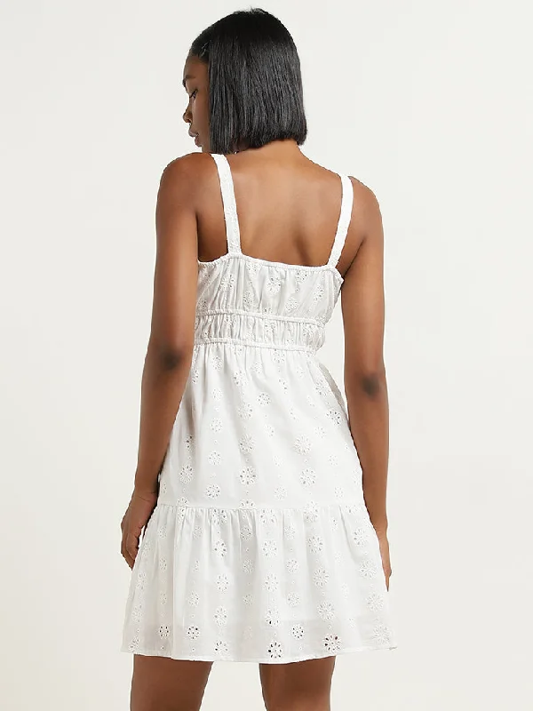 Nuon White Schiffli Design Tiered Cotton Dress